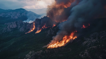 This aerial image captures a wildfire burning fiercely across mountainous terrain, showcasing the powerful forces of nature and their impact on the environment.の素材