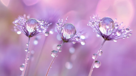 A close-up image showcasing delicate purple flowers adorned with sparkling dew drops. The soft bokeh background enhances the tranquil beauty of nature, creating a peaceful scene ideal for botanical themes.の素材
