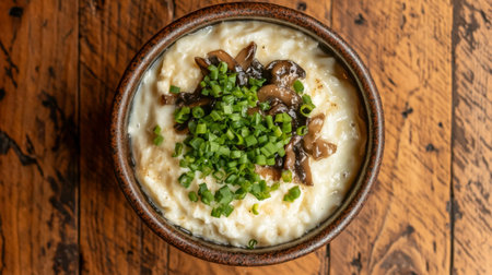 A close-up view of a creamy rice dish garnished with chopped green onions and mushrooms, served in a rustic bowl on a wooden surface. Ideal for food enthusiasts.の素材