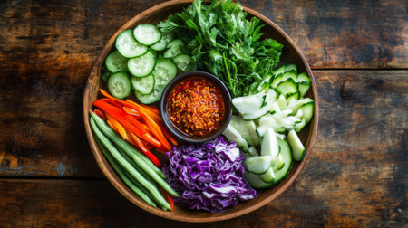A vibrant assortment of fresh vegetables arranged beautifully in a wooden platter, accompanied by a spicy chili dipping sauce, perfect for healthy snacking.の素材