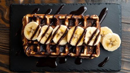 Enjoy a tempting view of delicious waffles topped with fresh banana slices and a rich chocolate drizzle. Perfect for breakfast or brunch indulgence!の素材