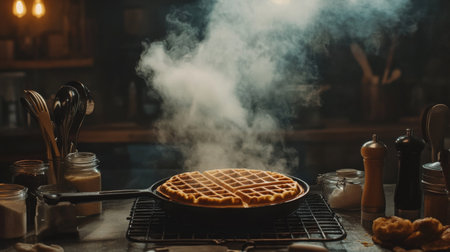 A freshly cooked waffle emitting steam sits on a rustic kitchen counter, surrounded by various utensils and ingredients, creating a warm and inviting atmosphere perfect for breakfast.の素材