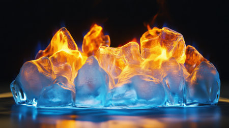 Stunning abstract image depicting the interplay of blue ice and orange flames, showcasing captivating contrasts in temperature and color. Perfect for creative projects.の素材