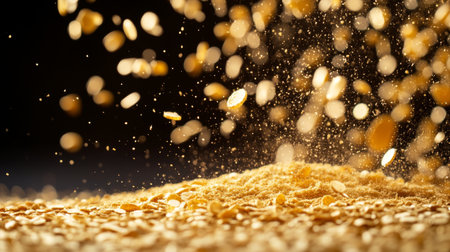 This captivating image showcases golden grains scattering downward, creating dynamic movement against a dark backdrop. Perfect for culinary themes.の素材