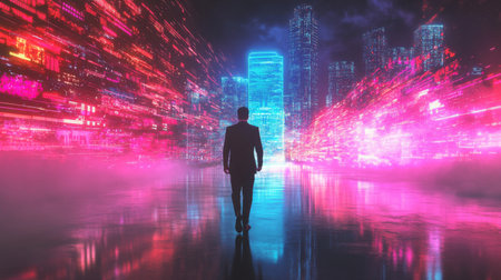 A lone businessman strolls through a vibrant neon cityscape, illuminated by colorful lights. This artistic representation captures excitement and the allure of the future.の素材