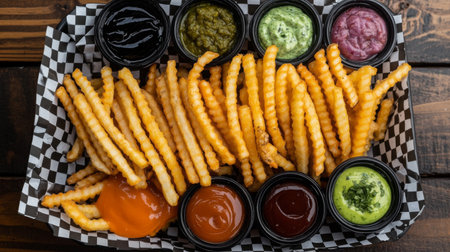 A tempting arrangement of crispy French fries served with an array of colorful dipping sauces in cups, perfect for sharing or enjoying alone.の素材