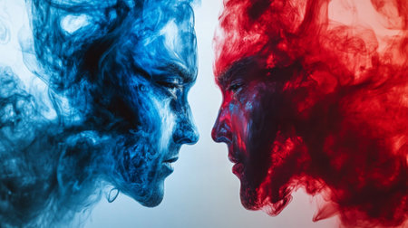 Two intense faces emerge from colorful smoke, showcasing a dramatic clash of blue and red. This artwork symbolizes emotion, conflict, and duality in a captivating visual encounter.の素材
