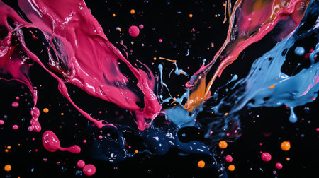 A stunning visual of vibrant paint splashes in various colors against a dark backdrop, showcasing fluid motion and artistic creativity. Perfect for design projects.の素材
