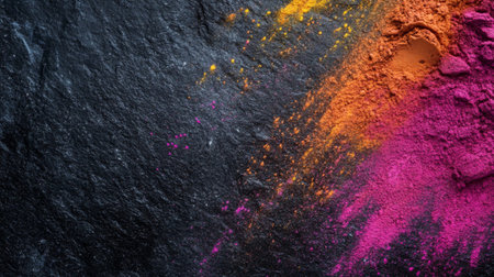 A striking splash of vibrant powders in yellow, orange, and pink against a dark surface. Perfect for artistic projects, backgrounds, or creative designs.の素材