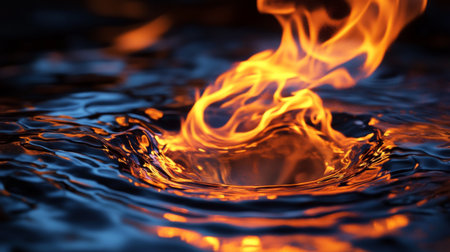 A mesmerizing image showcasing a vibrant flame dancing above a water surface. The stunning contrast of fire and water creates a captivating visual effect, perfect for artistic or natural themes.の素材