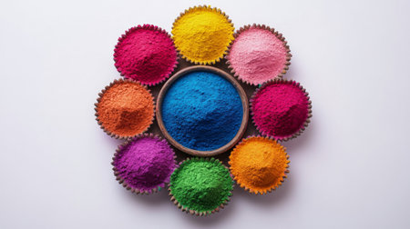 Bright and vibrant colored powders arranged in bowls create a striking floral pattern on a clean, white surface. Perfect for festive activities.の素材