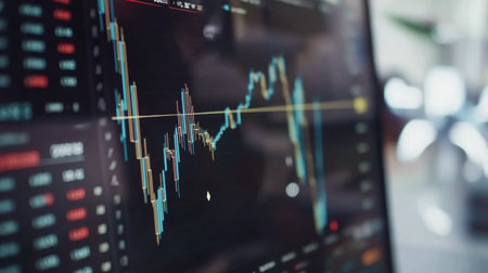 A close-up view of a stock market graph displayed on a digital screen. The data visualizations showcase market trends, fluctuations, and investment analytics in a modern workspace setting.の素材