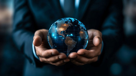 A businessman is holding a glowing digital globe in his hands, symbolizing innovation and global connection. The image represents modern technology and progress.の素材