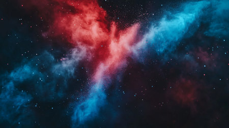 A stunning cosmic nebula featuring vibrant red and blue tones, filled with scattered stars. This mesmerizing image captures the beauty of deep space, perfect for any astronomical theme.の素材