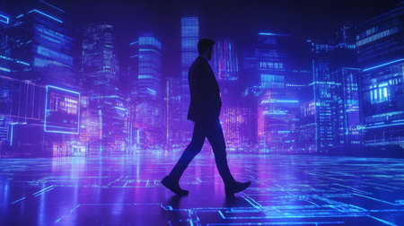 A silhouette of a businessman walking through a vibrant futuristic cityscape at night, highlighted by neon lights and a digital aesthetic, showcasing innovation and modernity.の素材