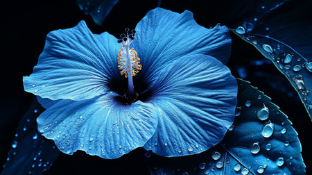 Stunning blue hibiscus flower adorned with glistening water drops, set against a dark backdrop. This image showcases nature's beauty and vibrant colors.の素材