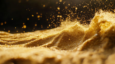 Captivating image of sparkling golden sand particles reflecting sunlight, creating a serene and dreamy atmosphere. Perfect for projects focusing on nature, beauty, and tranquility.の素材