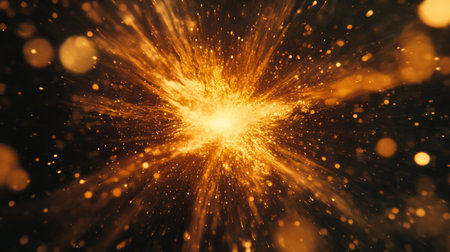 A mesmerizing explosion of golden particles creates a vibrant visual effect against a dark background, evoking energy and beauty in dynamic movement.の素材
