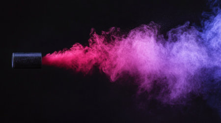 A vibrant burst of colorful smoke in pink and purple shades contrasts beautifully against a black background, perfect for artistic and creative projects.の素材
