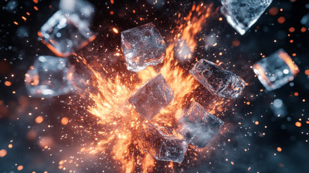 An eye-catching visualization of ice and fire colliding, creating dramatic sparks and energy. Ideal for projects exploring nature, science, or dynamic contrasts.の素材