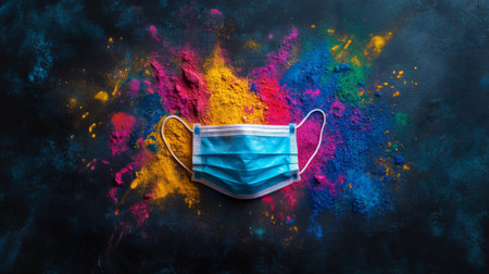 A vibrant explosion of colored powder surrounds a medical mask, symbolizing health and safety during celebrations. This artistic arrangement highlights creativity and contrast.の素材