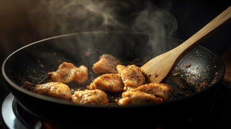 A sizzling skillet with seasoned chicken thighs cooking over high heat, with steam rising and a wooden spatula resting beside, capturing the essence of home cooking.の素材