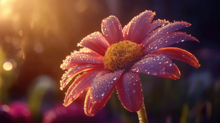 A single daisy with dew drops on its petals, captured in natural light, showcasing the intricate details and freshness of the flower.の素材