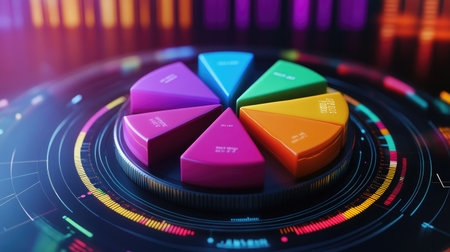 A vibrant D pie chart with various financial segments in different colors, floating above a digital interface, symbolizing modern data visualization in finance.の素材