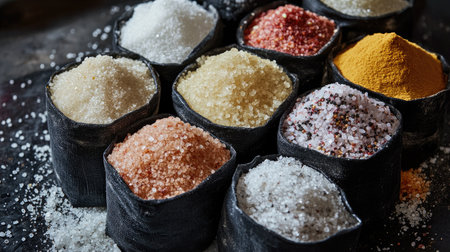 A vibrant market scene showcasing bags of different salts, spices, and seasoning blends, capturing the essence of local food culture.の素材
