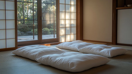 A traditional Japanese bedroom with futons laid out on tatami mats, soft natural light filtering through shoji screens, creating a tranquil and inviting space.の素材