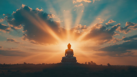 A stunning image of a large Buddha statue silhouetted against the rising sun, with rays of light illuminating the surrounding landscape, symbolizing hope and enlightenment.の素材