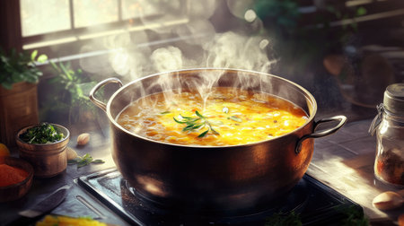 A steaming pot of homemade soup bubbling on the stove, with fresh herbs and spices nearby, illustrating the warmth and comfort of cooking from scratch.の素材