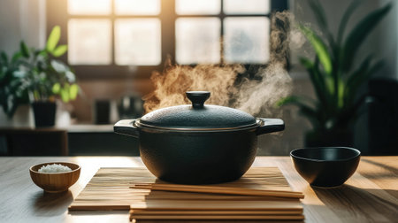 A steaming pot of rice on a wooden table, with chopsticks and a bowl nearby, showcasing traditional Asian dining culture and the importance of rice in meals.の素材