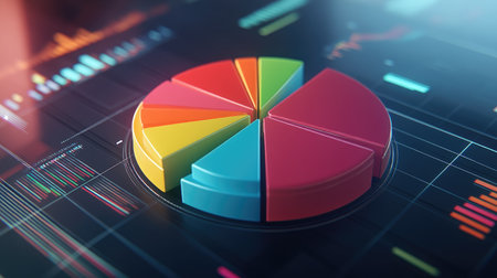 A vibrant D pie chart with various financial segments in different colors, floating above a digital interface, symbolizing modern data visualization in finance.の素材