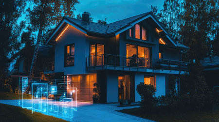 A tech-savvy home with smart devices like thermostats, lights, and security cameras, all controlled wirelessly, emphasizing the future of home automation.の素材