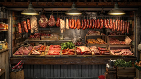 A vibrant butcher shop display featuring an array of fresh meats, including sausages, cuts of beef, and poultry, all neatly arranged against a rustic backdrop.の素材