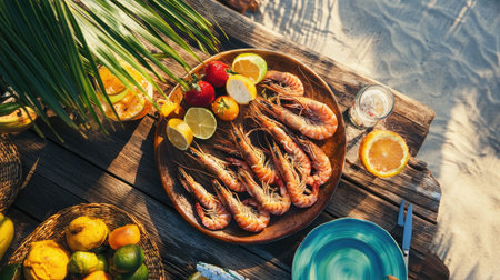 A vibrant beachside dining scene with grilled prawns on a wooden table, surrounded by tropical fruits and refreshing drinks, capturing a perfect summer vibe.の素材
