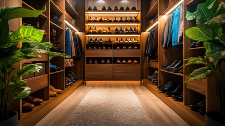 A stylish open shoe cabinet, showcasing a wide selection of shoes from casual to formal, in a well-lit walk-in closet, symbolizing organization and fashion.の素材