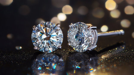 Close-up of elegant diamond stud earrings, showcasing the brilliance and clarity of the diamonds, with reflections casting light on a luxurious background.の素材