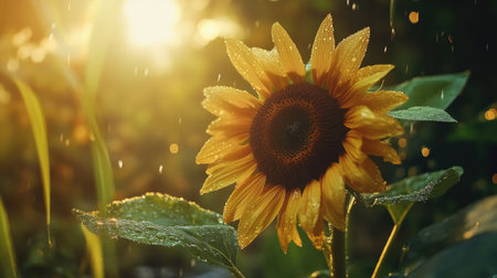 A vibrant sunflower with droplets of water glistening in the sunlight, surrounded by greenery, capturing the essence of summer and the beauty of nature.の素材