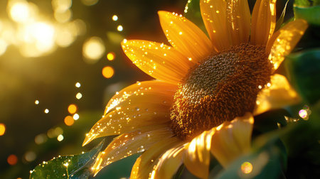 A vibrant sunflower with droplets of water glistening in the sunlight, surrounded by greenery, capturing the essence of summer and the beauty of nature.の素材
