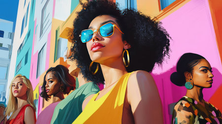 A vibrant street scene featuring diverse women with various hairstyles, from sleek bobs to curly updos, celebrating individuality and the art of hairstyling.の素材