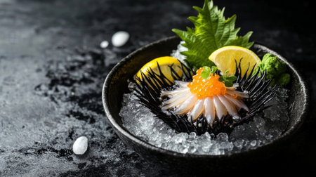 A beautifully arranged seafood platter featuring fresh ingredients on ice. Garnished with lemon slices and greens, this dish showcases culinary elegance perfect for any dining experience.の素材