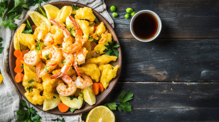 A vibrant plate of fresh shrimp tempura and crispy vegetables, served with a zesty dipping sauce. Ideal for appetizers or sharing, this dish captures delicious flavors and appealing presentation.の素材
