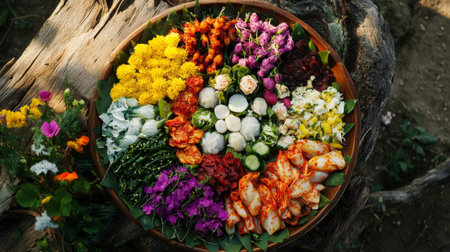 A stunning arrangement of fresh vegetables and vibrant flowers displayed on a wooden tray, showcasing the beauty of nature's bounty and healthy eating.の素材