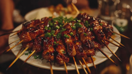 A mouthwatering display of grilled chicken skewers glazed with savory sauce and topped with fresh green onions, perfect for any dining occasion.の素材