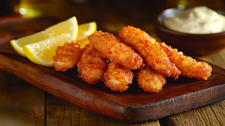 Delicious crispy fried fish fillets served on a rustic wooden platter with fresh lemon slices and a creamy sauce for dipping, perfect for any meal.の素材