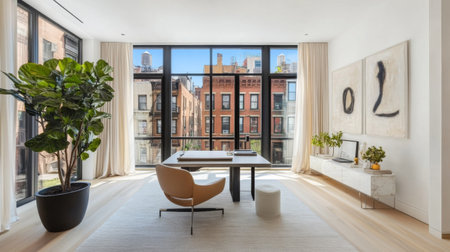 Bright and stylish modern home office featuring large windows, natural light, and contemporary furniture. A perfect space for creativity and productivity.の素材