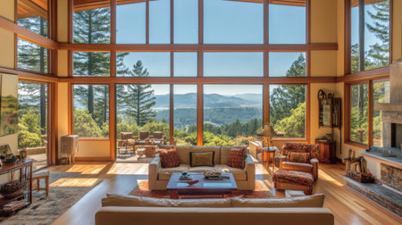 Bright and inviting living room featuring large windows that showcase a stunning mountain view, blending comfort and elegance in a serene atmosphere.の素材