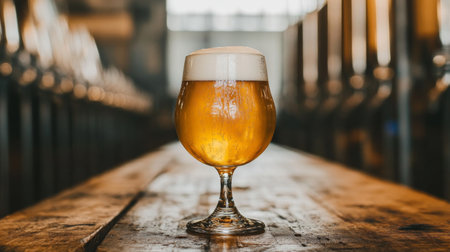 A beautifully crafted glass of golden beer with a frothy top, set on a rustic wooden table in a brewery, perfect for showcasing refreshing beverages.の素材